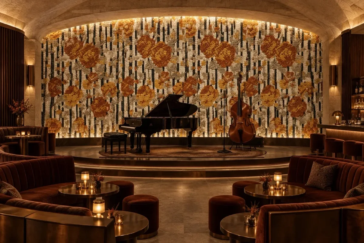 Bespoke floral mosaic wall behind a grand piano in a refined architectural lounge