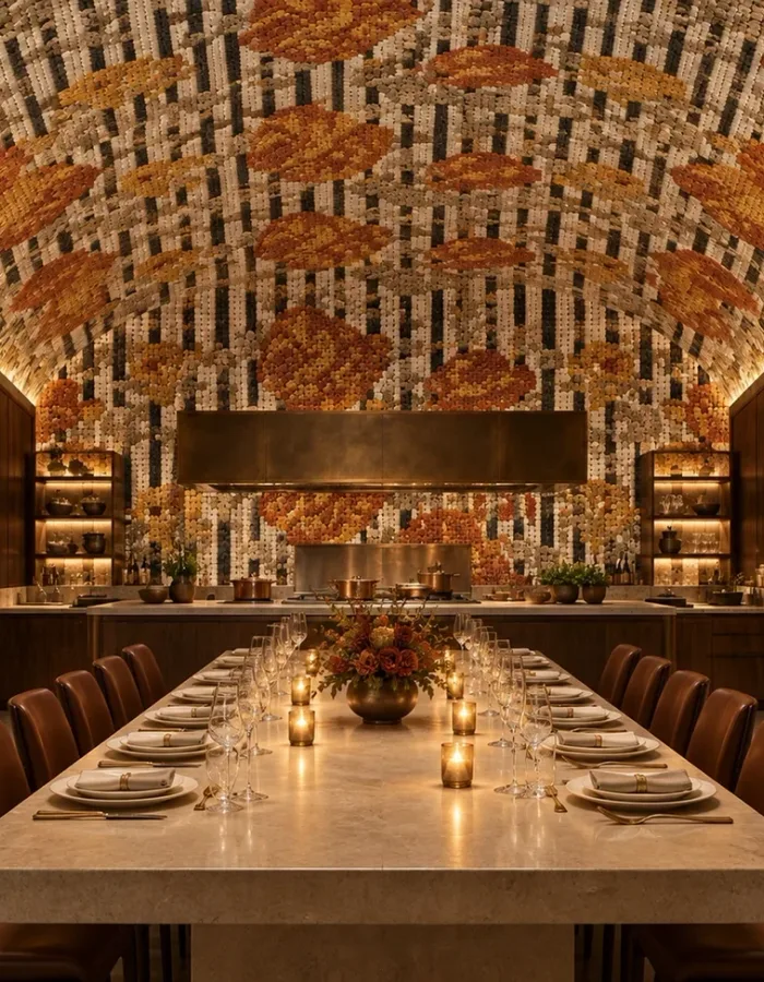 Handcrafted mosaic design rising across a vaulted dining-room ceiling